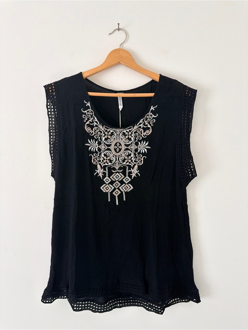 Boho Embroidered Black Sleeveless Blouse